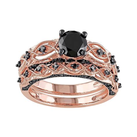 10k Rose Gold 1 3 8 Carat T W Black Diamond Swirl Engagement Ring Set Women  Black Diamond