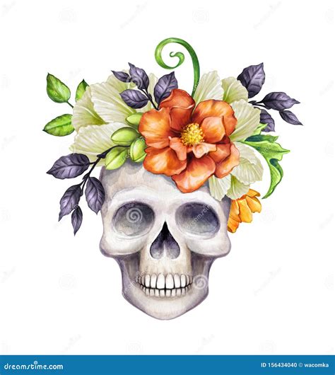 Watercolor Illustration Floral Sugar Skull Holiday Clip Art Isolated On White Background