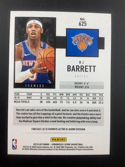 Panini Chronicles Score Rj Barrett Rookie Card Rc Knicks