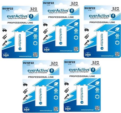 5 pièces 9V 6F22 320mAh rechargeables everActive Professional bol