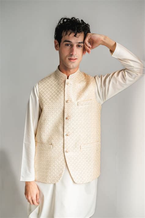 Ivory Mesori Embroidery Koti Waistcoat Mens Ramadan Eid Kurta Pajama