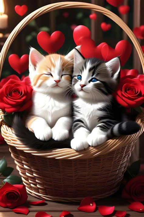 A Couple Cute Kittens Sitting In A Cozy Basket In A Cute Pose With