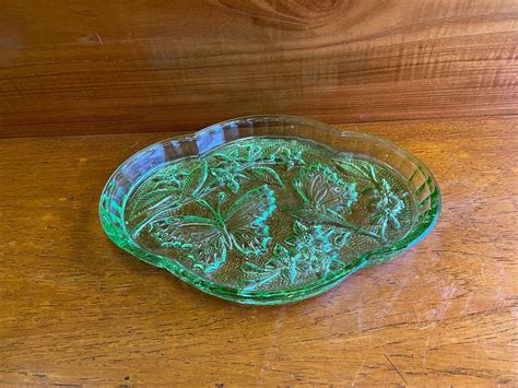 Vintage Sowerby Green Glass Butterfly Dressing Table Vanity Trinket Set