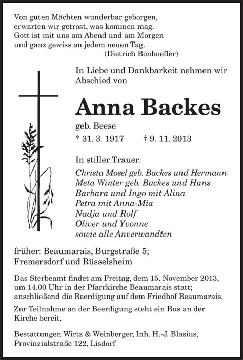 Traueranzeigen Von Anna Backes Saarbruecker Zeitung Trauer De