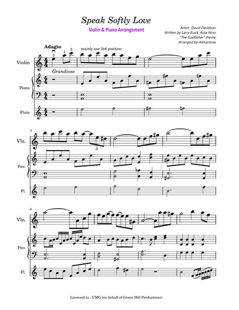 Speak Softly Love Love Theme Arr Adisantosa Sheet Music Andy Williams Performance Ensemble