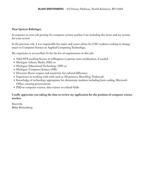 Computer Science Teacher Cover Letter Velvet Jobs