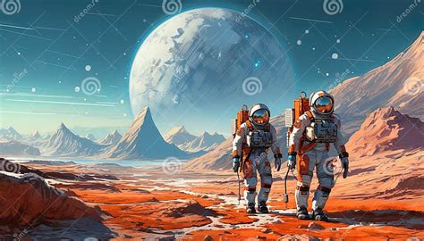 Illustration Of Astronauts In Space Suits Exploring Distant Planets Stock Illustration