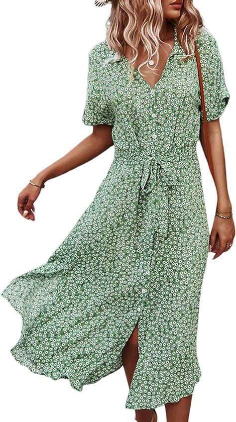 2022 Women S Button Down Midi Dress Short Sleeve Floral Print Belted