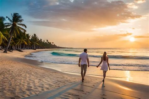 Pareja Paseando Por La Playa Al Atardecer Foto Premium