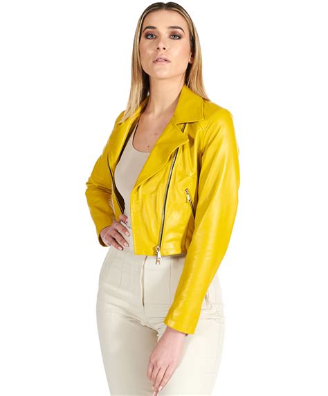 Woman Short Leather Biker Jacket Style Two Pockets Yellow Alice D Arienzo