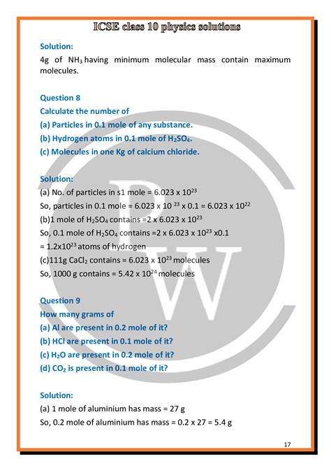 ICSE Class 10 Chemistry Solutions For Chapter 5 Mole Concept PW