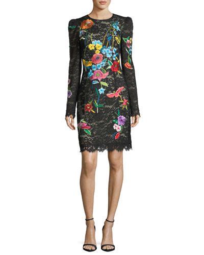 B3ZPE Monique Lhuillier Floral Embroidered Long Sleeve Lace Cocktail