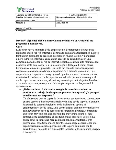 Actividad 11 Compensaciones Y Prestaciones Laborales Profesional Práctica De Ejercicios Nombre