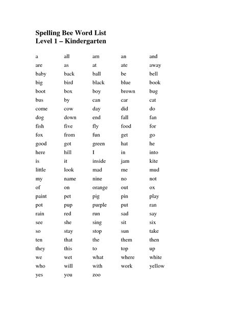 Kindergarten Spelling Bee Word List