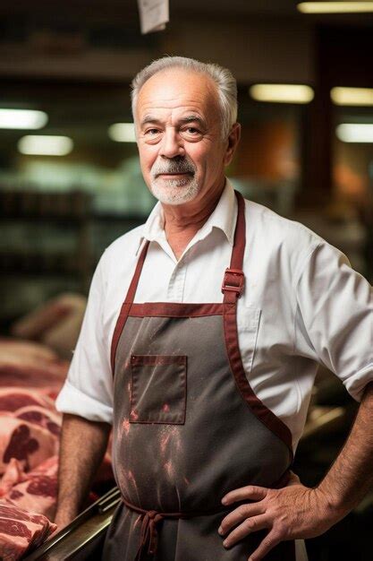 Carnicero Masculino De Mediana Edad Pose Segura Fondo De Trabajo Foto