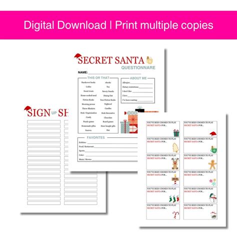 Printable Secret Santa Questionnaire Sign Up Sheet And Secret Santa Name Cards Office T