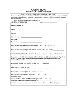 Fillable Online Plymouth County Application For Employment Fax Email