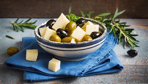 Premium AI Image | olives and cheese in a bowl on a blue napkin