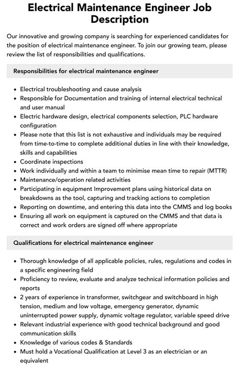 Electrical Maintenance Engineer Job Description Velvet Jobs