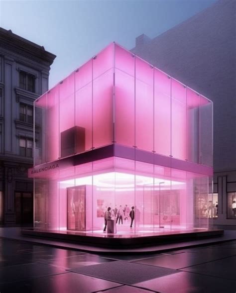 A Pink Building Is Lit Up With People Walking Around The Outside And On