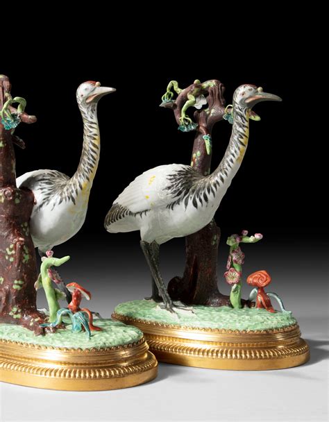 A Pair Of Gilt Bronze Mounted Chinese Porcelain Cranes The Porcelain