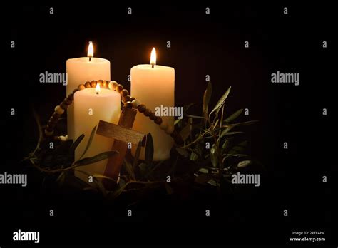 Easter Religious Background With Three Burning Candles Illuminating