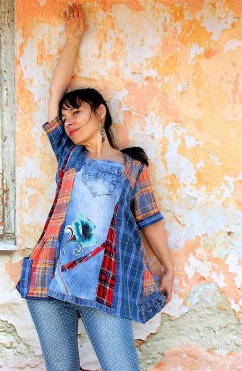 L Crazy Recycled Checker And Denim Floral Appliqued Dress Etsy