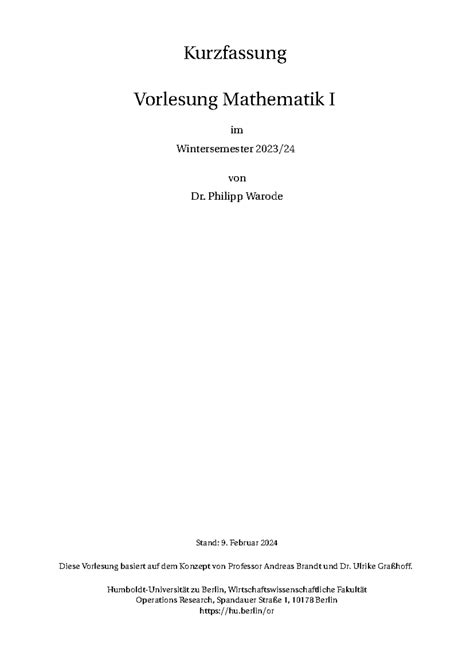 Kurzfassung Vorlesung Kurzfassung Vorlesung Mathematik I Im