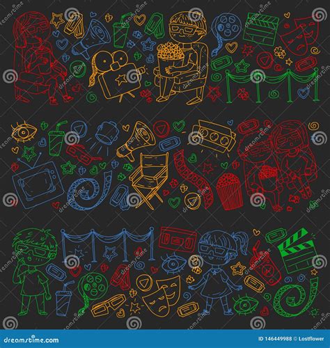 Vector Pattern With Cinema Icons Of Movie Theater Tv Popcorn Video