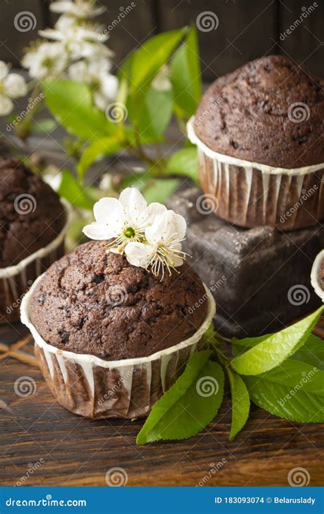 Deliciosos Muffins De Chocolate Caseros Sobre Fondo De Madera Oscura