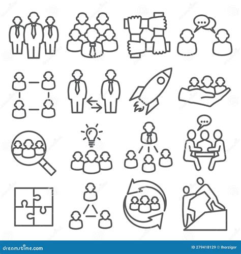 Teamwork Line Icons Set On White Background Stock Vector Illustration