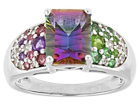 Pre Owned Green Mystic Fire Topaz Rhodium Over Sterling Silver Ring