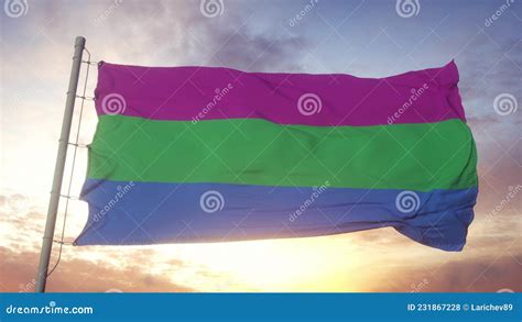 Polysexuality Pride Flag Waving In The Wind Sky And Sun Background 3d