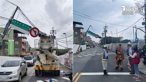 超驚險！水泥預拌車「勾電線扯歪號誌桿」 騎士急剎躲死劫