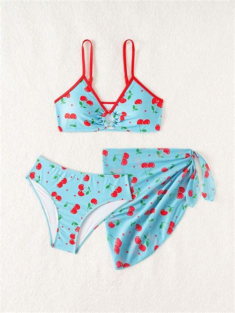 Teen Girls Cherry Print Bikini Set With Beach Skirt Summer Beach