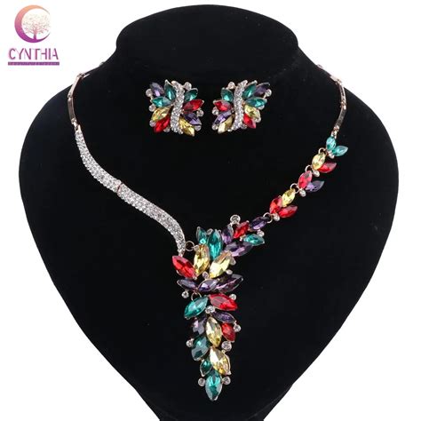 Elegant Gold Color Alloy Jewelry Setfemale Colorful Crystal Flower