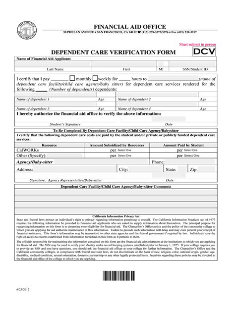 Fillable Online Ccsf Financial Aid Office Dependent Care Verification