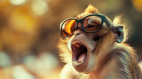 A Monkey Wearing Sunglasses Yawns With Its Mouth Wide Open In A Forest