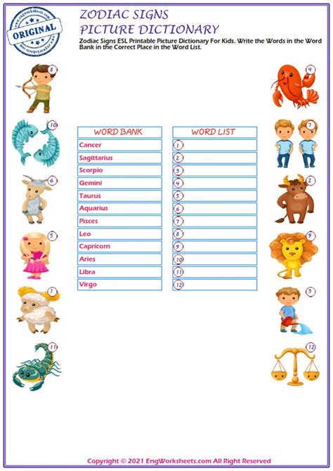 Zodiac Signs Esl Snake Word Writing Exercise Worksheet Image