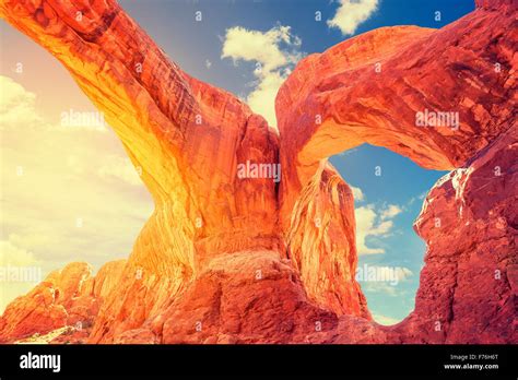 Sunset at Double Arch in the Arches National Park, USA Stock Photo - Alamy