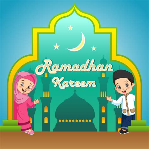 Ramadan kareem greeting card with funny cartoon muslim kids 5112908 Vector Art at Vecteezy