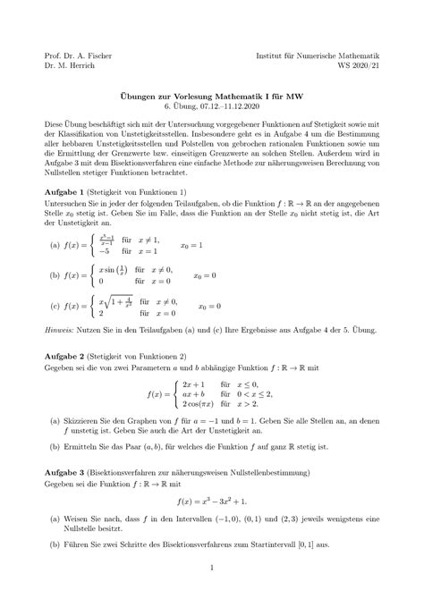 6 Übungsblatt Übung Prof Dr A Fischer Institut für Numerische