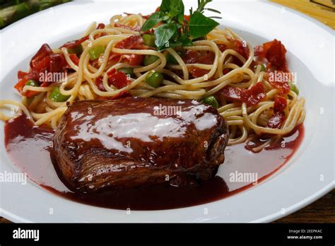 Filet Mignon With Pasta Stock Photo Alamy