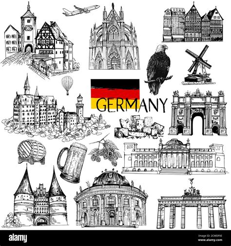 Set Of Hand Drawn Sketch Style Germany Related Landmarks And Different