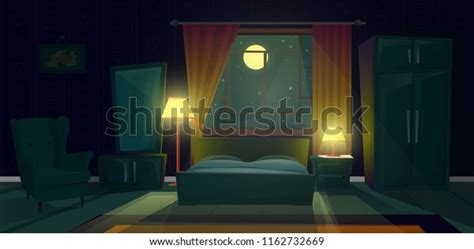 Vector Cartoon Illustration Of Cozy Bedroom At Night Modern Interior