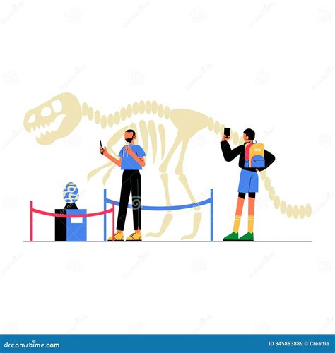 Museum Visitors Observing Dinosaur Skeleton and Fossils in Flat Vector