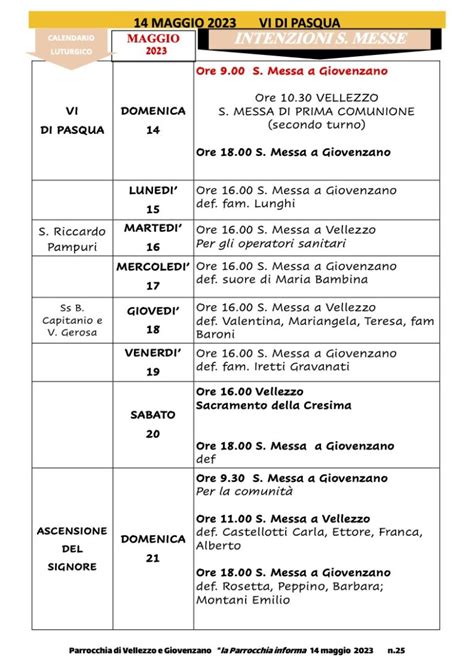 Calendario Liturgico Dal 14 Al 21 Maggio 2023