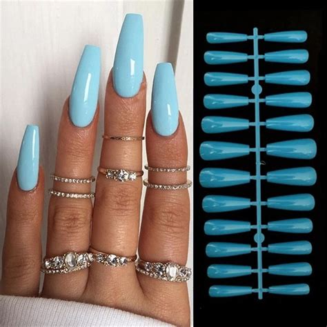 Churchf Detachable Coffin False Nails Wearable French Ballerina Blue Glitter Rhinestone Fake