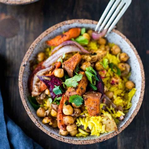 Turmeric Rice Bowl With Garam Masala Root Vegetables Chickpeas Recipe