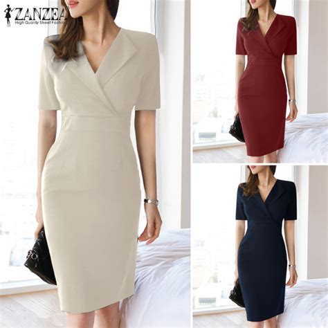 【clearance Sale】rulfepy Zanzea Korean Style Women S Formal Office V Neck Shirtdress Elegant